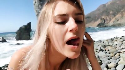 Hot girl with big natural tits having cum lunch outdoors 