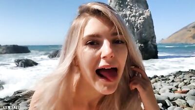 Hot girl with big natural tits having cum lunch outdoors 