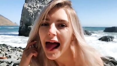 Busty blonde gives perfect blowjob outdoor