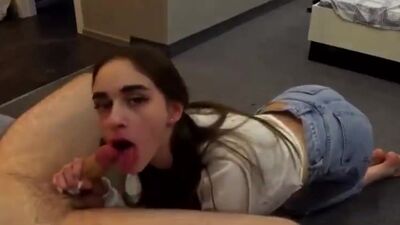 Naughty skinny teen in Jeans sucking fat cock 