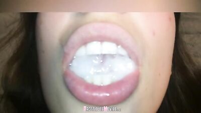 Cute brunette teen sucking cock and swallow sticky cum 