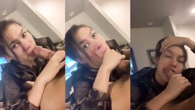 Cute brunette girl gives a sensual blowjob