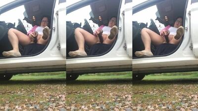 Horny teen girl squirting and masturbating in the car