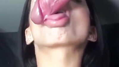 Beautiful babe licking cock and cum