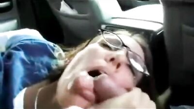 Nasty nerdy girlfriend sucking cock in the car
