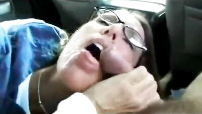 Nasty nerdy girlfriend sucking cock in the car