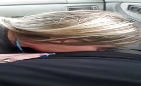 Sexy looking blonde milf sucking cock in the car