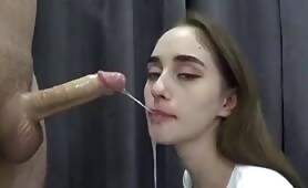 Brunette teen slut deep throating huge cock