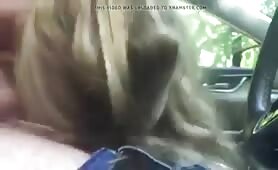 Cute blonde teen sucking cock in the car