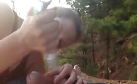My chubby girlfriend applied chocolate on my dick before giving me an amazing outdoor blowjob
